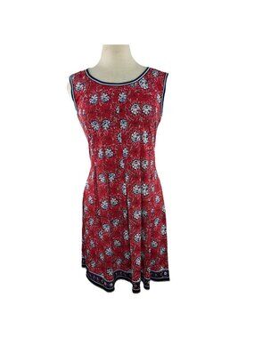 Max Studio Sz M Floral Shift Stretchy Dress Sleeveless Keyhole Red White Blue
